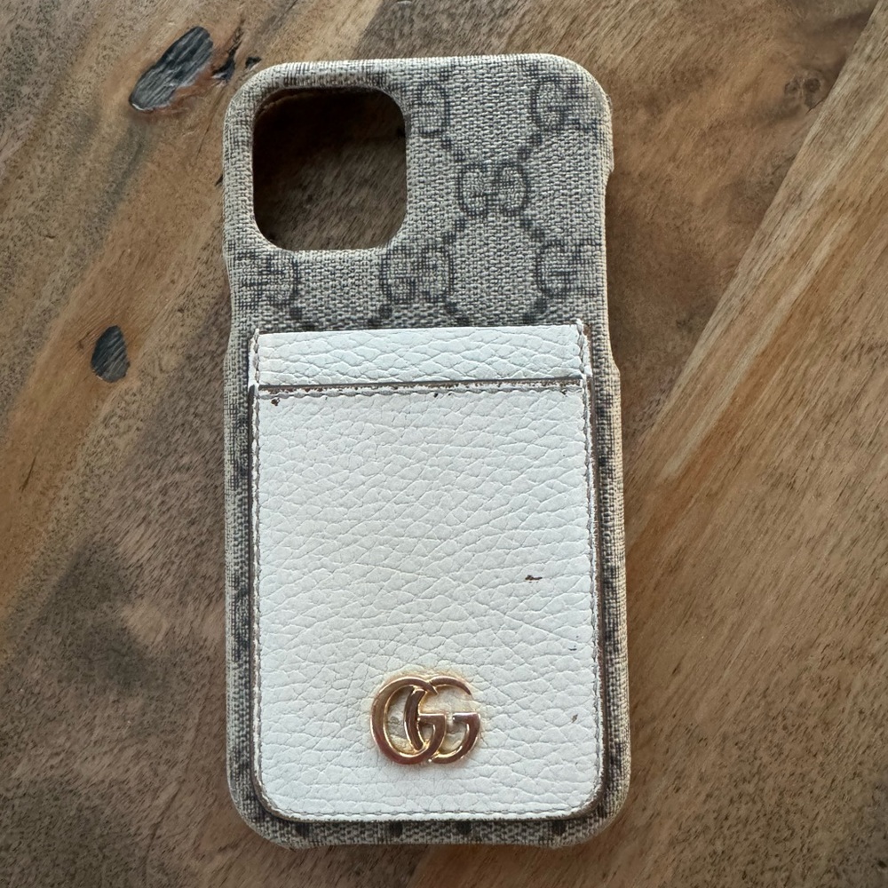 Gucci Beige and White Phone Case with Gold Logo
